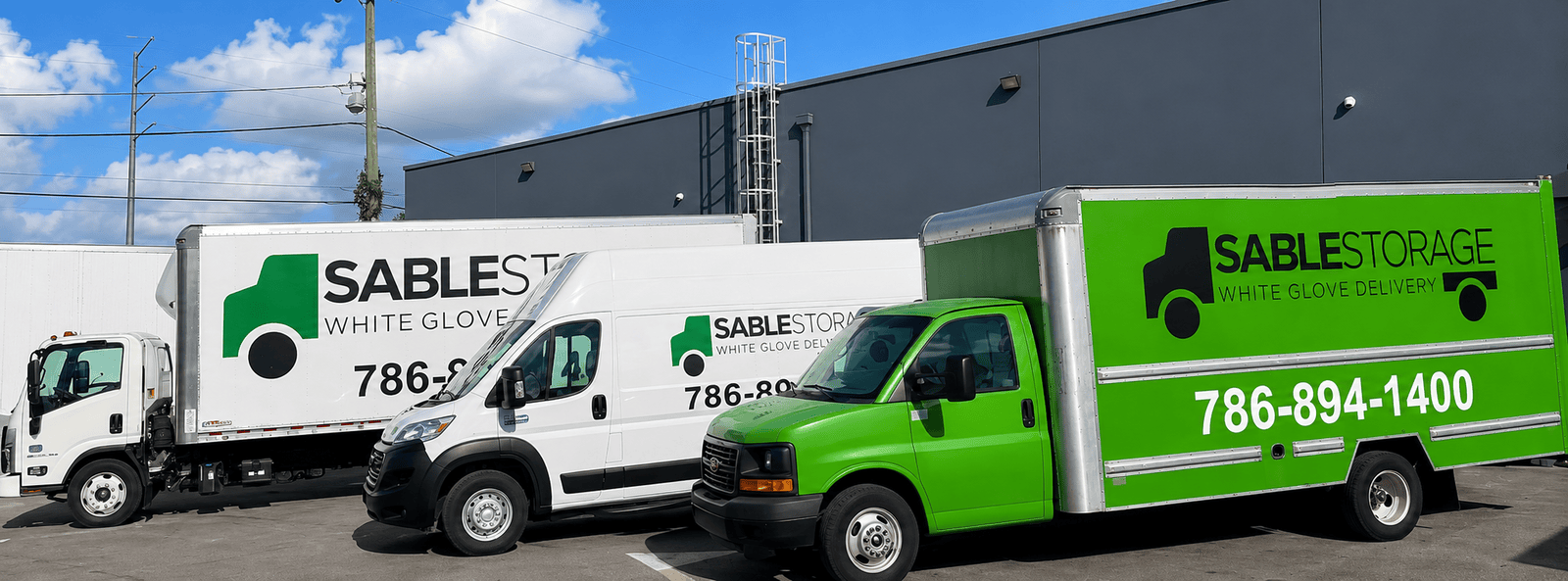 Sable Storage white glove delivery trucks at the Miami warehouse